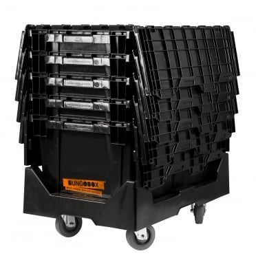 Empty, stacked BungoBoxes on a BungoWheels dolly take up less space and are easy to store before and after moving