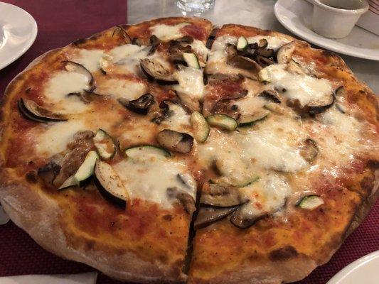 Pizza Ortolana 17.00  Mozzarella cheese, tomato sauce, grilled zucchini, eggplant and mushroom.