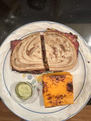 Pastrami sandwich, carrot soufflé and pickles. Delicious!