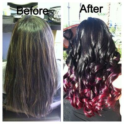 Brown and Caramel highlights to a black to red violet ombre.