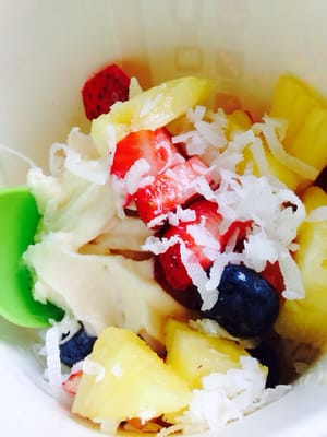 Nut free banana soy yogurt with fresh fruit and coconut