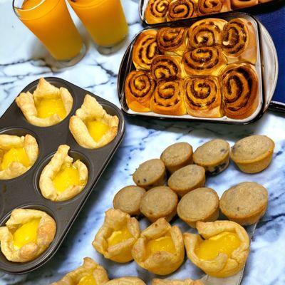 Cinnamon rolls, lemon curd cheese cake danishes, blueberry sweet cream pancake muffins