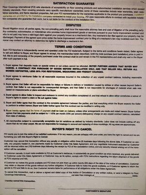 John's contract fine print releasing liability for installation (HQ says franchise owners typically offer 1 year install warranty)