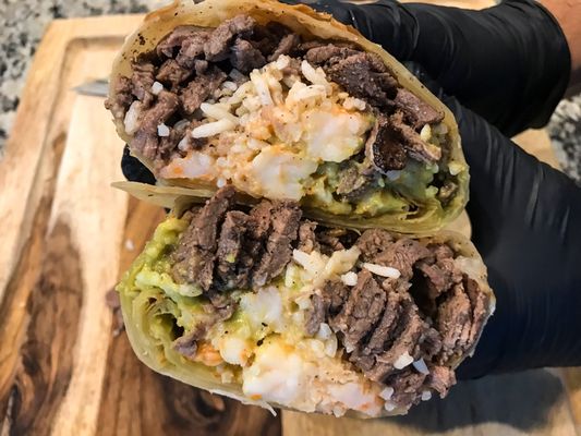 BAJA BURRITO... CARNE ASADA / SHRIMP / RICE / GUACAMOLE