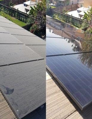 Solar panel cleaning before and after picture.