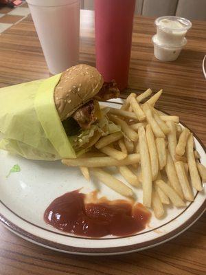 french fries and avocado bacon burger