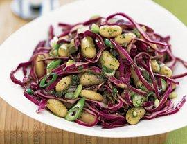 Easy Salad, Shred cabbage, dice scallions, add cannellini beans or garbanzo beans, some pesto and Basil Infused Olive Oil, mix together, YUM