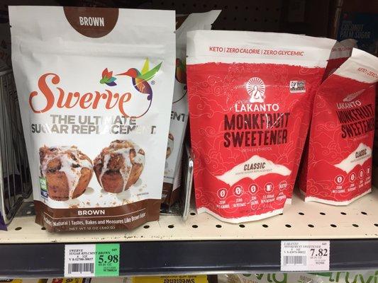 Monk fruit Sweetener; sugar-free & Swerve Sugar-free Brown Sugar. Aisle 8.