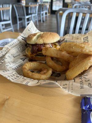 Onion rings and bourbon bacon burger