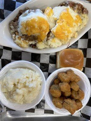 3/14/23-Shepherds Pie with side of fried okra and more mashed potatoes.