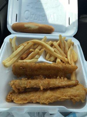 3 piece fish with fries and bread stick(and unfortunately they forgot the butter)