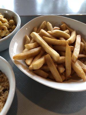 Side of rice and beans, mac and cheese, and fries