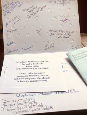 A card signed by the entire staff of DAMC received after my pug transition to pug heaven.