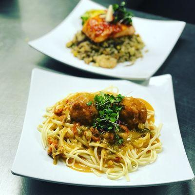 Seafood Meatballs & Spaghetti (Background: Salmon & Watermelon)