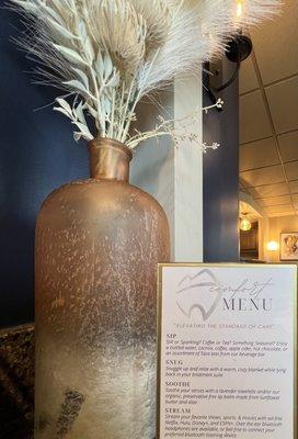 A copy of our Comfort Menu is available at our Reception Area Beverage Bar, as well as all of our treatment suites.