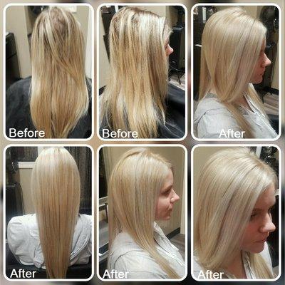 Check out this Snow Queen!Cool Icy Blonde w/ a Smooth Style while still being voluminous! Conditioning treatment to keep that healthy shine!