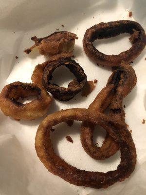 Can't believe they actually sold me these onion rings to go! Told them not to over cook the chicken but they do this to onion rings!!