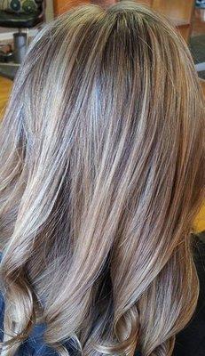 Cool ash balayage small weave highlight with medium sand color gloss