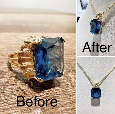 A stunning transformation! We turned our client's ring into a gorgeous pendant. Discover new ways to enjoy your jewelry today!