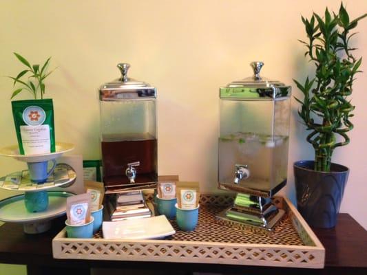 Enjoy a glass of fruit & mint infused water or a cup of tea from our friends at The Communitea Center