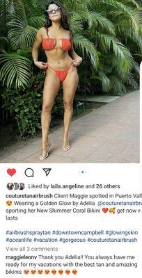 Client Maggie on vacation glowing in a medium classic tan by Adelia. Couture Tan coral bikini