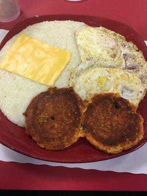 Salmon, cheese grits and eggs over medium