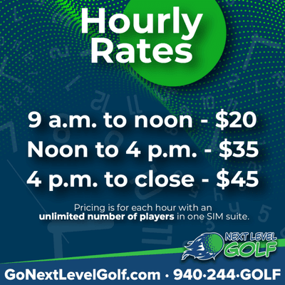 Hourly SIM rental rates, unlimited players per suite.