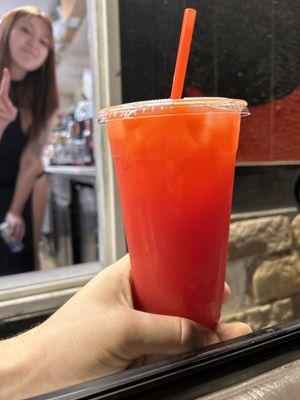 Roses Rasberry Pomegranate Redbull with a orange juice topper