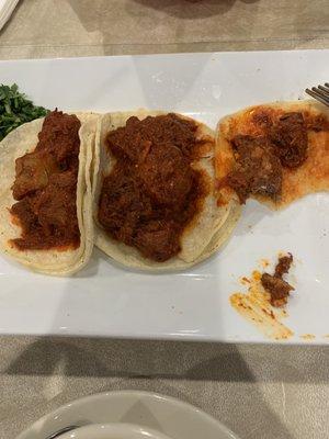 Tacos de lengua in this chile rojo sauce