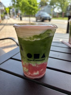 Strawberry Iced Matcha with Vanilla Foam