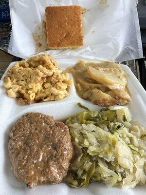 Hamburger steak with gravy, Mac and cheese, cabbage, scallop potatoes, and cornbread $14.99 1 meat 3 sides plate