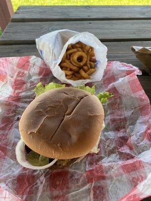 The Greenfielder burger and curly fries.