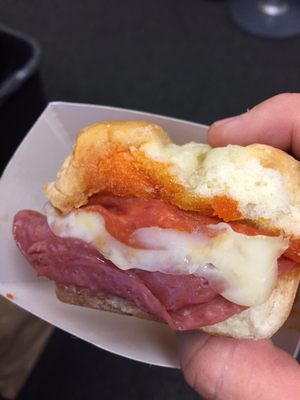 Pizza Slider. Limited time menu item. Delicious! Salami, pepperoni, cheese and marinara sauce.