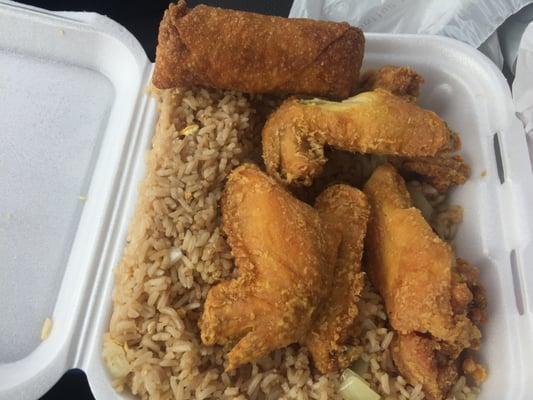 Chicken Wings, Egg Roll, & Fried Rice