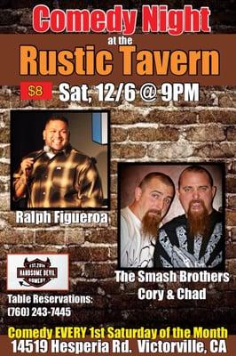 Smash Bros. are in the Hi-Desert Dec.6th at the Rustic Tavern.
Show starts at 8:00 pm-10:30 pm & Dancing & singing afterwards.