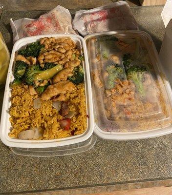 Chicken and broccoli with pork fried rice