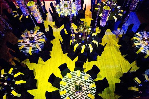 Black/White Chevron with Lemon Yellow Majesty Napkins and Black Spandex Chair Covers