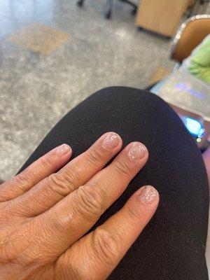 Gel manicure done by Kathy. Excellent cleaning of the Cuticle and neat painting of the nails.