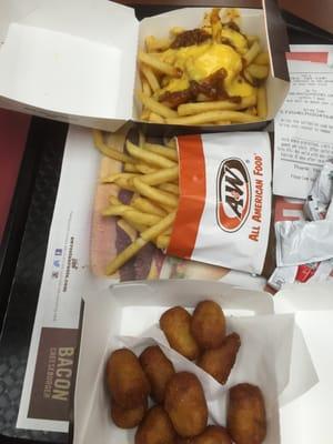 Tiny 10 piece corn dog bites, fries, and chili cheese fries: when did the portions go so small?