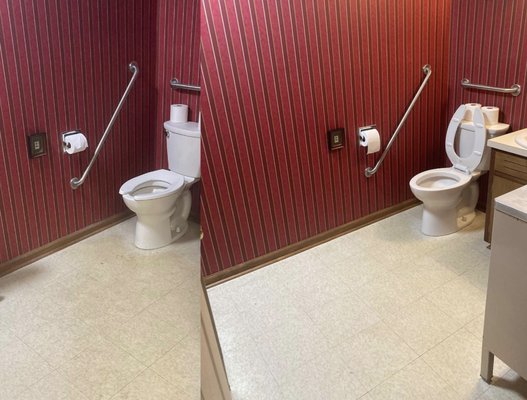 Before and after of a commercial restroom.