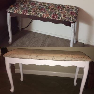 A before & after of my new bench purchased from Not so Shabby, Fabric.. JoAnn's & white spray paint from Home Depot