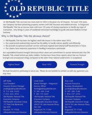 Old Republic Title is the highest rated title insurer in the Nation and has held that since 1992.  #ORTTexas #ORTKingwood