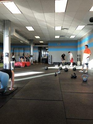 Different stations: kettlebell, barbell, body work, plyometrics