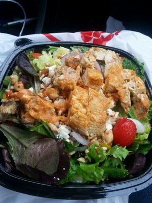 Recommended Healthy grilled chicken on fresh leaf lettuce, with hummus, chick peas, feta, quinoa tomatoes & more!