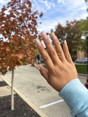 SNS nails with tips and gel, in the parking lot outside the salon