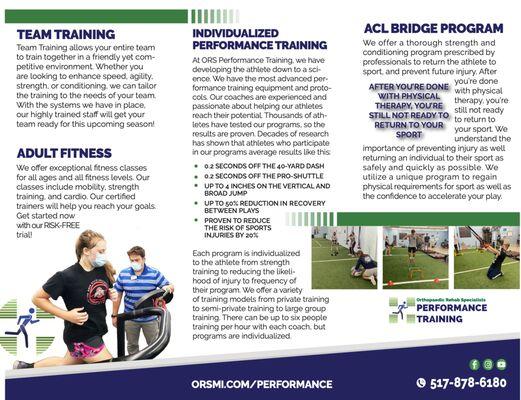 Team Training, Adult Fitness, and Individualized performance training is offered at the ORS Performance Training Center in Leslie, Michigan