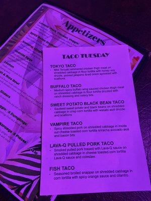 Menus. Taco Tuesday, currently only $2 each! They have 6 different sauce/seasonings options.