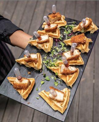 Passed hors d'oeuvres Fried Chicken and Waffles with homemade Maple Syrup