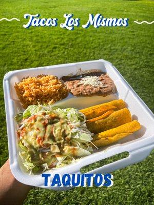 Your Choice Of Beef or Potato w/ Lettuce, Tomato, Cheese, Crema, Guacamole and Cheese (Side Of Rice and Beans)