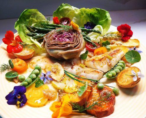 Artichoke Salad with Sweet Potatoes, Golden Potatoes, Tomatoes, Golden Beets, Butter Lettuce, Asparagus & Vinaigrette.